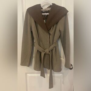Sebby Fleece Jacket Coat Sz L Tan/Brown Double Breasted Hood Belted Pockets
